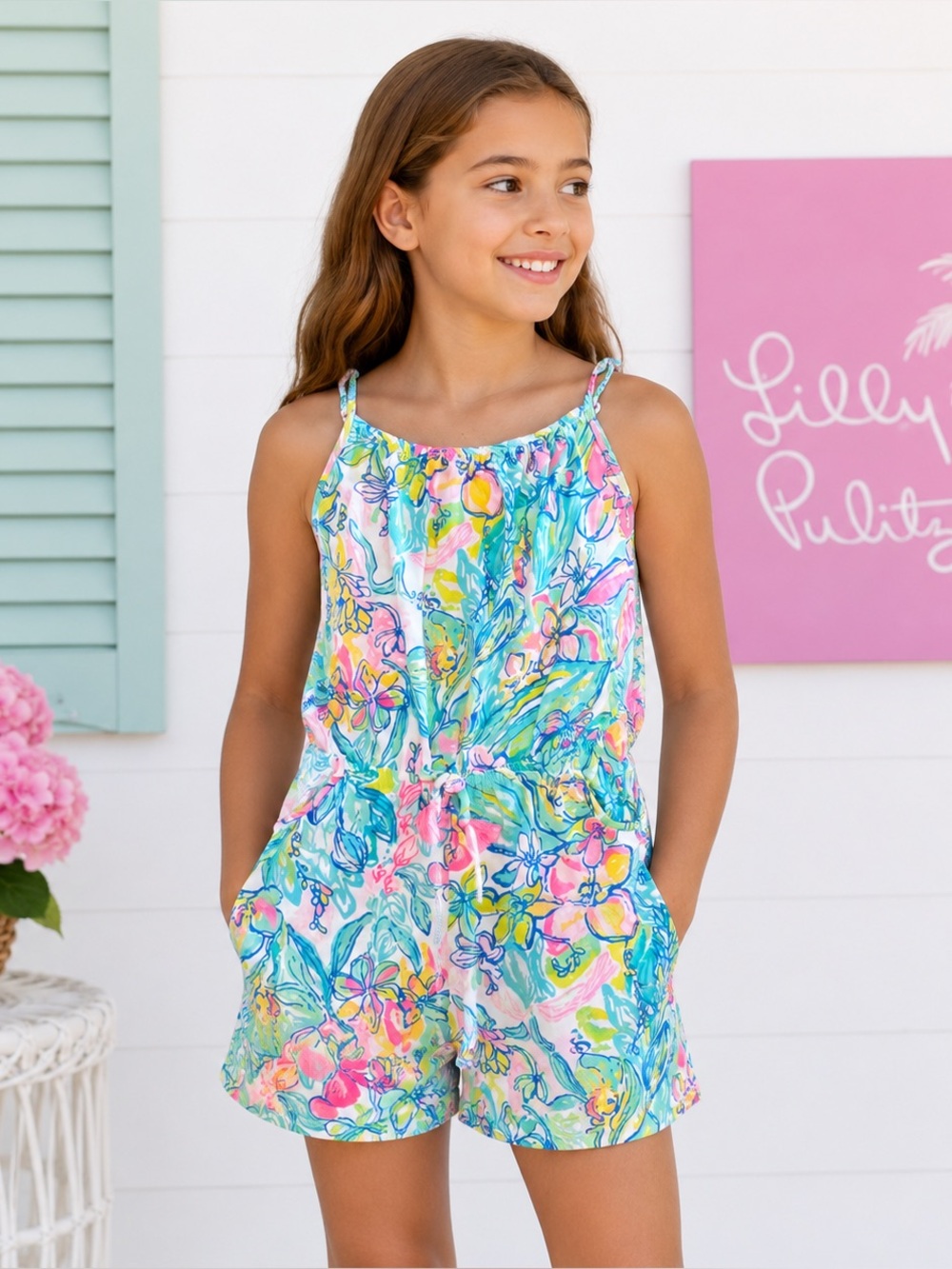EUC Lilly Pulitzer Girls Cotton Jersey Floral Romper L 8 10Tropical Print